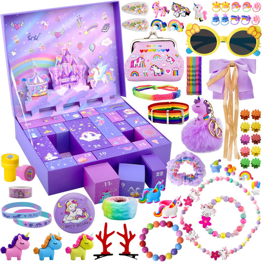 Advent calendar 2025 for girls, Christmas countdown calendar 24 days Christmas countdown unicorn gifts for kids, girls, including hair accessories, hair clips, bracelets, wallet