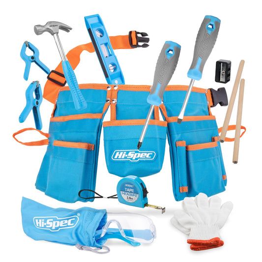 Hi-Spec 16pc Children's Tool Belt - Real tools in the set including screwdriver, level, work gloves, hammer, and safety glasses.