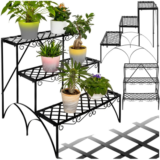 tectake® Plant stand, metal flower shelf, plant bench with 3 steps, plant rack, outdoor plant rack, flower shelf, flower stool approx. 60x60x60cm (steps straight | Number 401711)