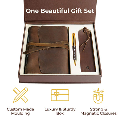 Leather diary notebook journal gift set with antique leather bookmark + pen, handcrafted writing 18x13cm unlined leather bound daily notepad for men & women travel journal