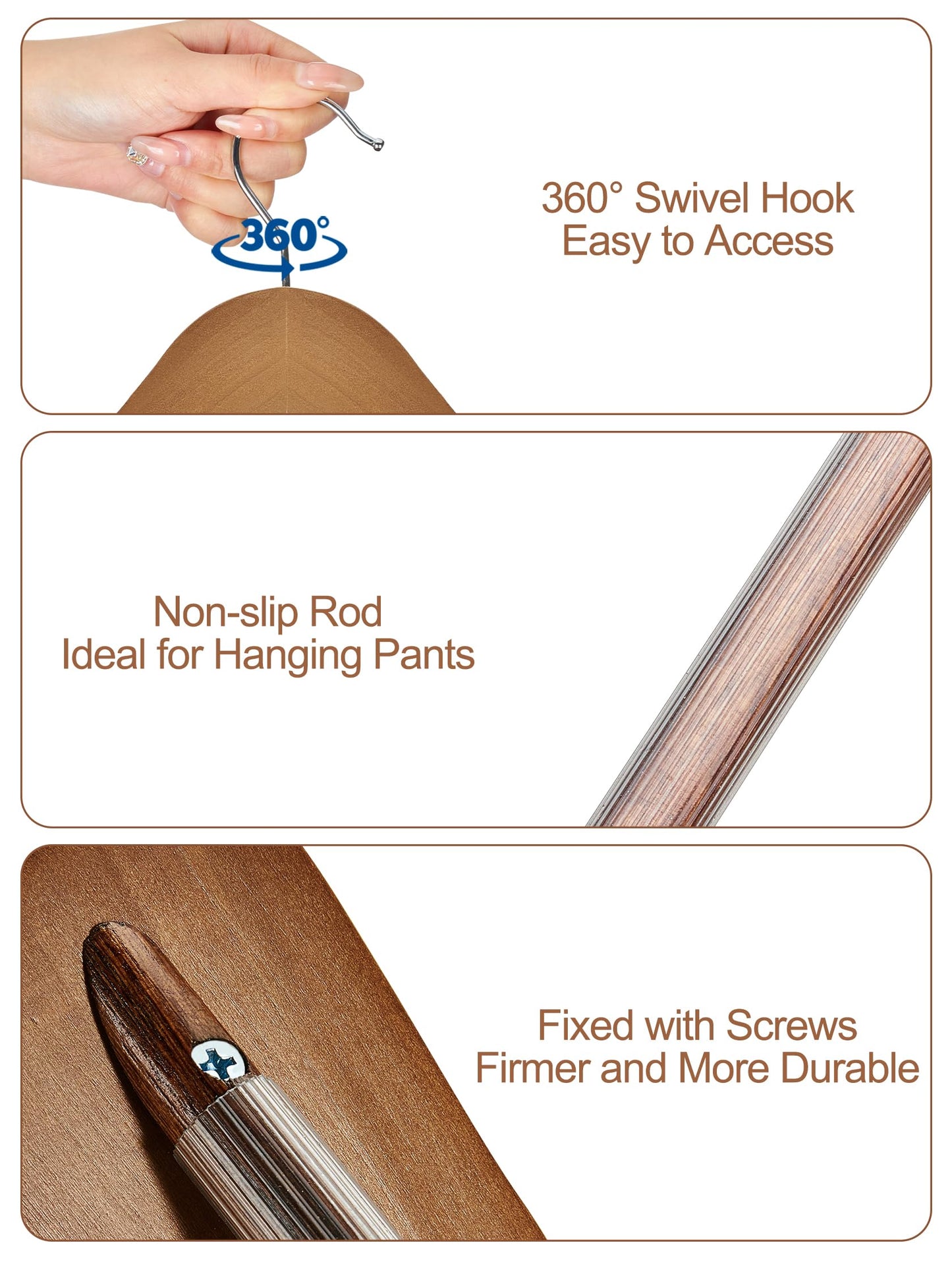 HOUSE DAY Wide Walnut Wood Hangers 6X Non-Slip Hangers Sturdy Coat Hangers Suit Hangers Wood Hangers, Wide Shoulders Non-Slip Pants Bars Rotatable Hooks