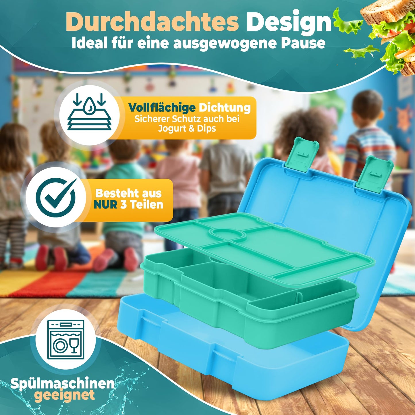 LUCKY KIDZ© Lunchbox for kids with compartments, Bento Box, Leak-proof & BPA free, Snack box, Lunch box, Bread box, Breakfast box, Bentobox
