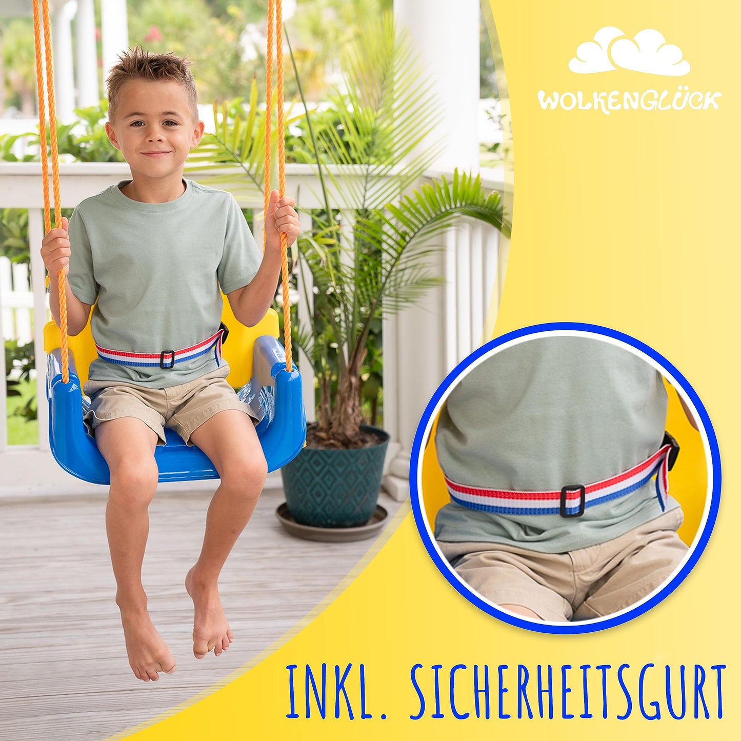 CLOUDHAPPY® Baby swing 3 in 1 [6 months to 6+ years] | Adjustable children's swing for outdoor & indoor use | High-quality swing with backrest & safety harness included