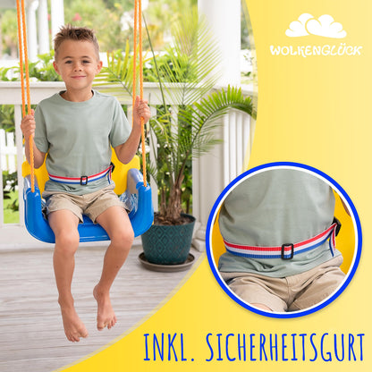 CLOUDHAPPY® Baby swing 3 in 1 [6 months to 6+ years] | Adjustable children's swing for outdoor & indoor use | High-quality swing with backrest & safety harness included