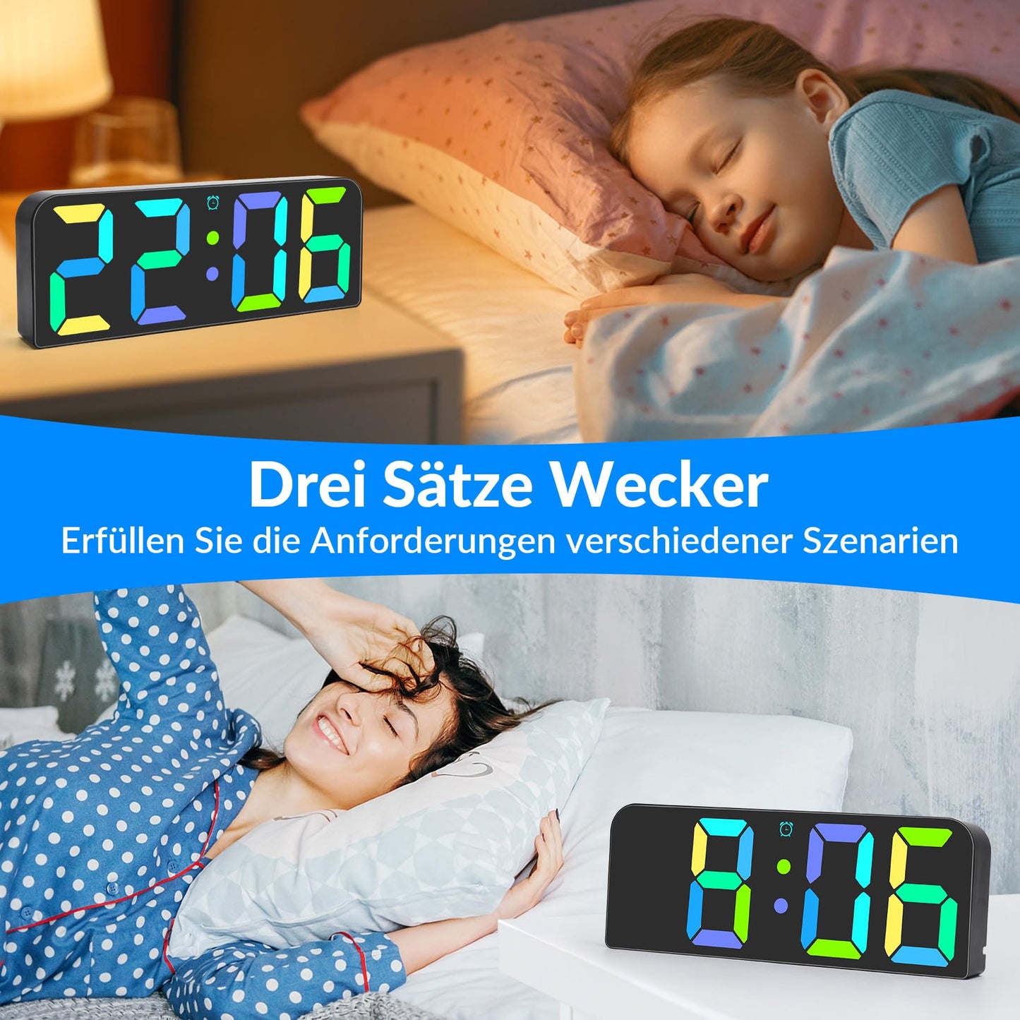 U-picks digital wall clock with adapter & remote, LED digital clock with large numbers display, adjustable brightness, three alarm sets. Digital wall clock desk clock for home - black.