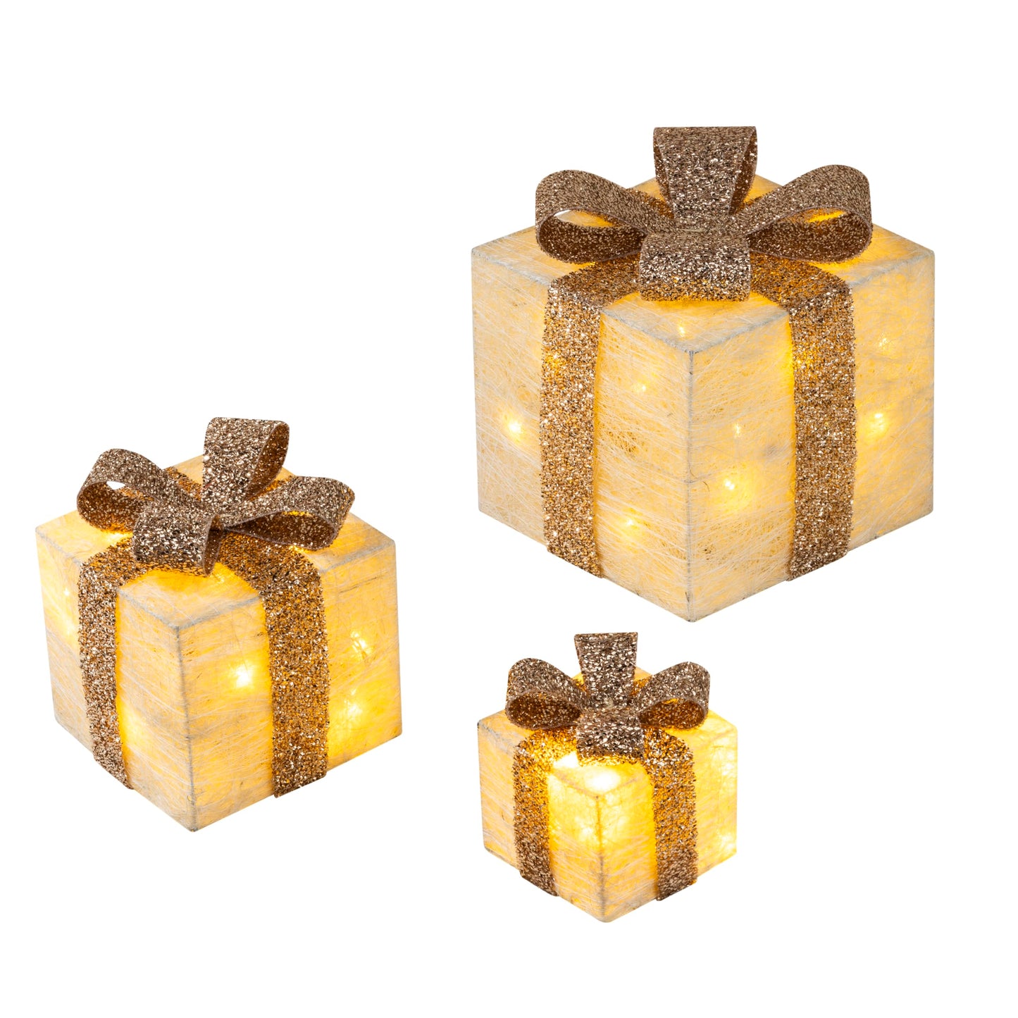 Bambelaa! Set of 3 LED Decorative Gift Light Boxes with Timer Christmas Decoration Christmas Lights Decor Christmas (Gold)