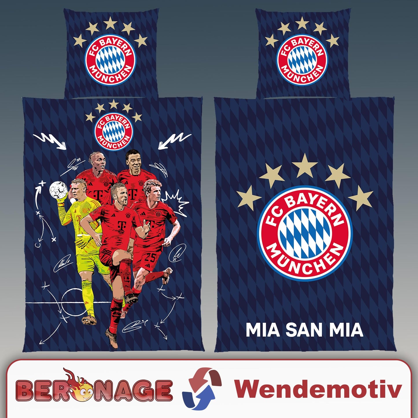 FC Bayern Munich bedding Player 135x200 cm + 80x80 cm 100% cotton flannel record champions Harry Kane, Musiala, Müller Allianz Arena football FCB German size zipper