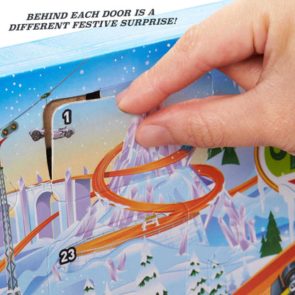 Hot Wheels Advent Calendar with 24 surprises, including 8 1:64 scale vehicles and other cool accessories, plus a play mat. Perfect Christmas gift for collectors and kids ages 3 and up. GTD78.