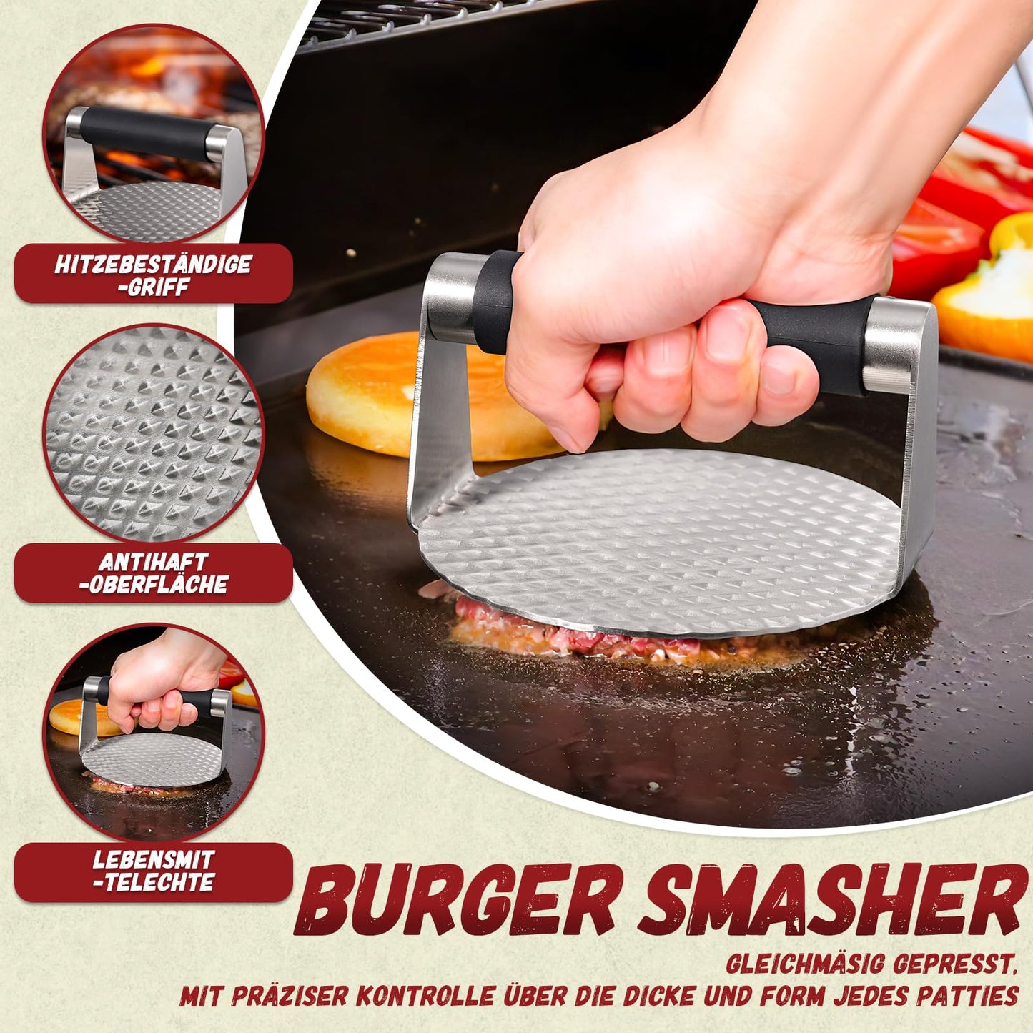 Univinlions Smash Burger Set, Professional Burger Smasher with Smash Burger Press, Burger Bell, Large Grill Spatula & Pancake Turner, Stainless Steel 4-Piece Grill Accessory for Patties, Teppanyaki, Barbecue