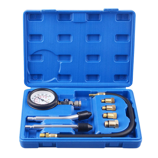 DAYUAN compression tester set for checking engine compression in vehicles. Compatible with M10, M12, M14, and M18 threads, with a range of 0-20 bar & 0-300 psi.