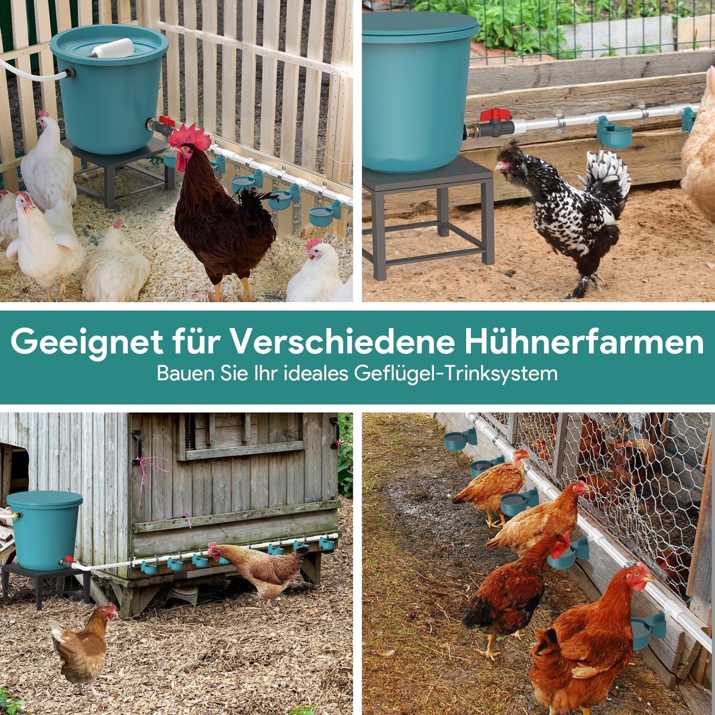 DIY Chicken Waterer Set, complete automatic poultry waterer with 9 drinking cups, 10 water pipes, ball valve, pure copper adapter, waterproof tape.