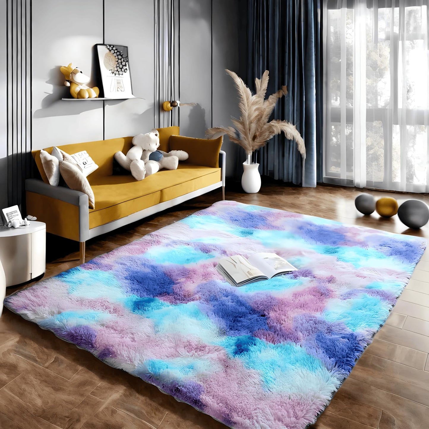 SUBEEN Carpet Living Room Shaggy - Fluffy plush carpet, modern style, colorful rug for living room, bedroom, kid's room (Blue Purple, 120x200cm)