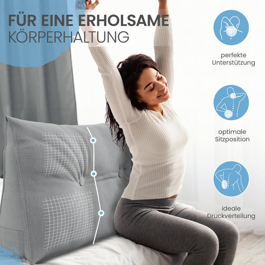 ELONEO back cushion 70 cm wide, wedge cushion suitable for bed and sofa, triangular reading pillow, pillow with removable and washable cover, with practical side pocket.