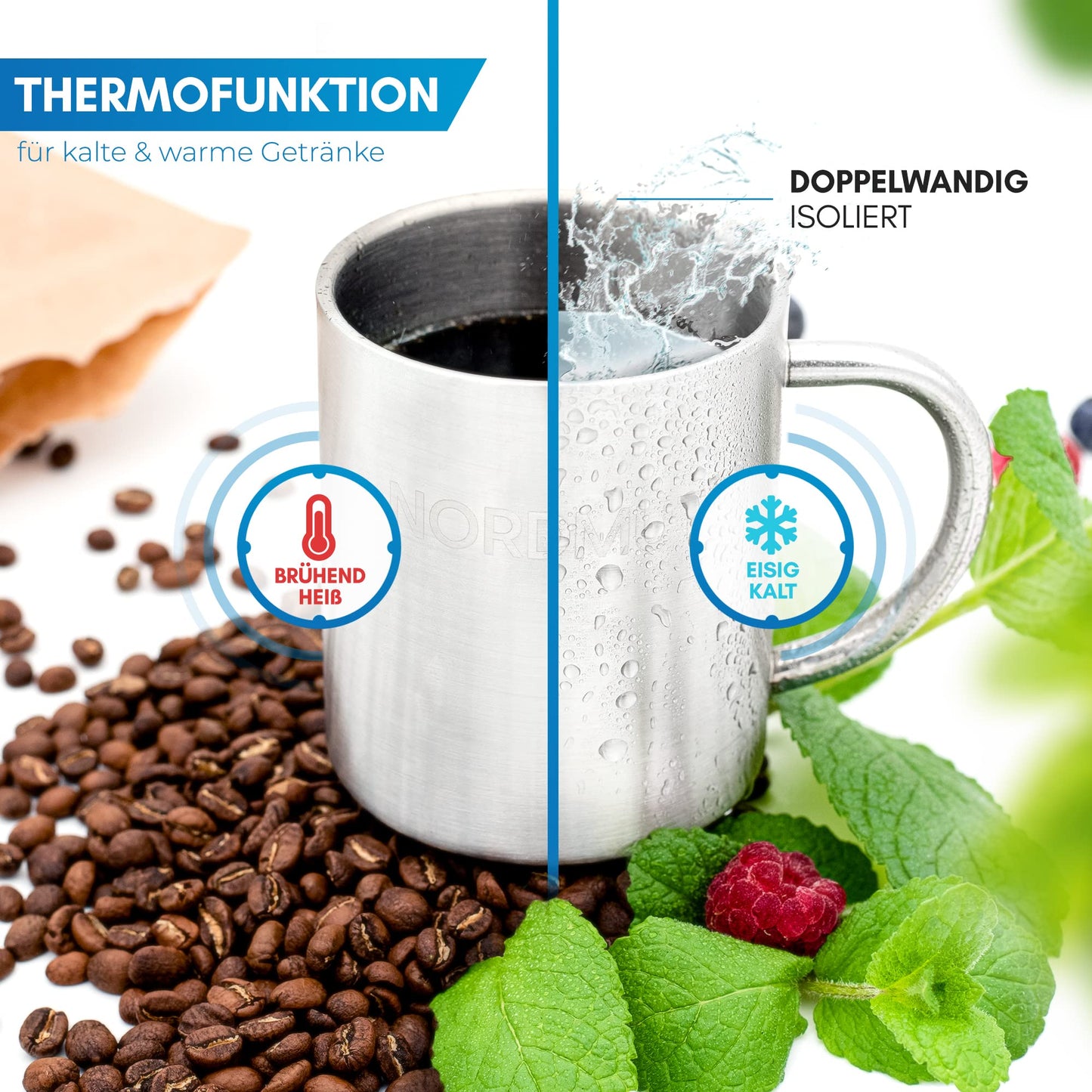 NORDMUT® Stainless Steel Thermos Mug [2-pack] Camping Cup | sustainable stainless steel cup | double-walled insulated coffee mug BPA free | cup set for camping & outdoor [2 x 400 ml]