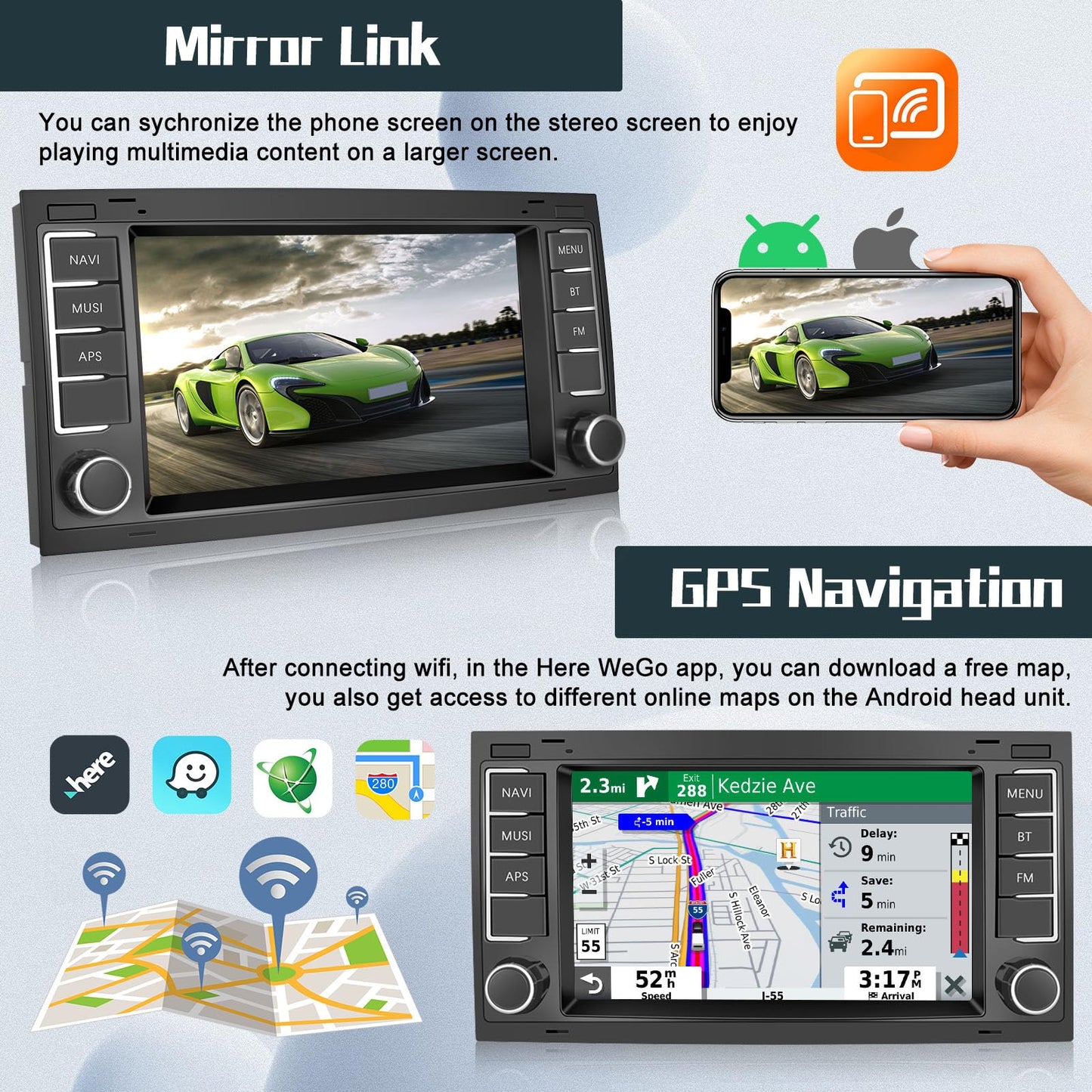 Hikity DAB/DAB+ Android 13 Car Radio for VW Touareg 2004-2011 Transporter T5 Multivan 2004-2009 with Wireless Carplay Android Auto 7-Inch Screen Radio with GPS WiFi FM RDS HI-FI Rearview Camera