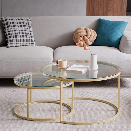 EGOONM 2-piece set round coffee table, round modern glass table with gold metal frame, (80*80*45cm+60*60*35cm)