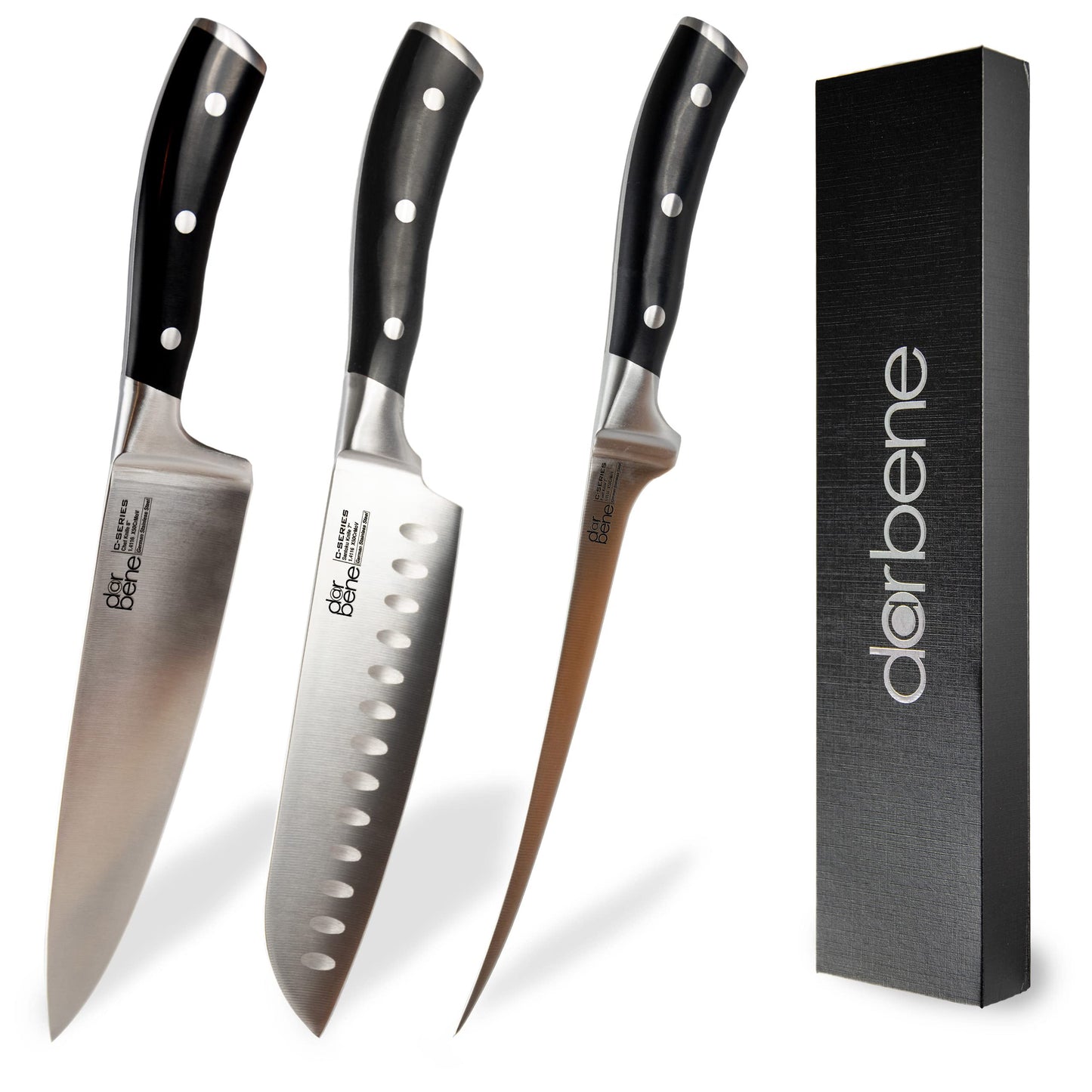 DarBene C-Series 3-piece professional kitchen knife set made of German stainless steel, includes 18cm fillet knife, 20cm chef's knife, and 18cm Santoku knife. Extremely sharp blades, ergonomic ABS handle, and can be sharpened.