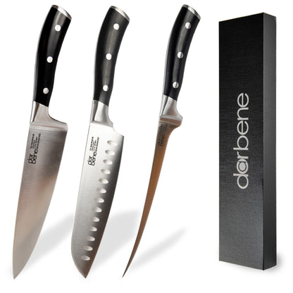 DarBene C-Series 3-piece professional kitchen knife set made of German stainless steel, includes 18cm fillet knife, 20cm chef's knife, and 18cm Santoku knife. Extremely sharp blades, ergonomic ABS handle, and can be sharpened.