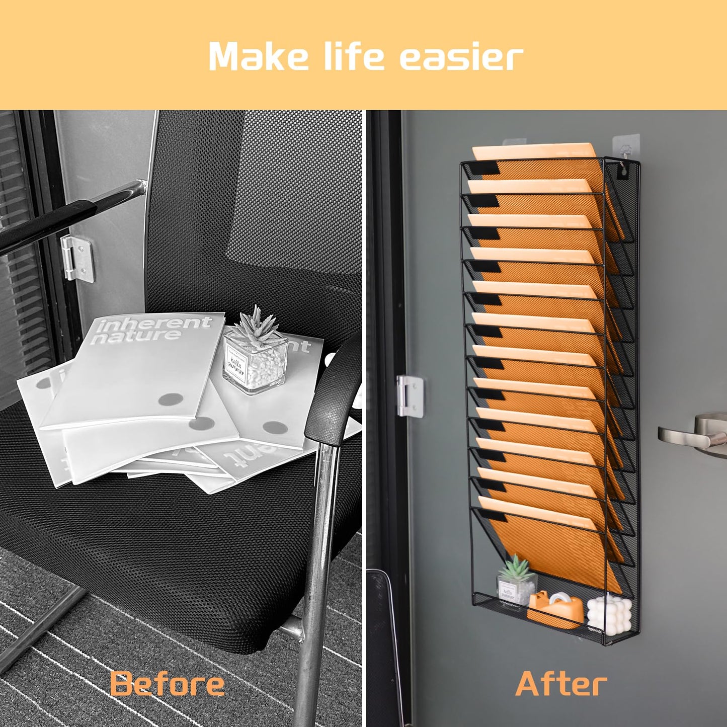 PLSOPPKG hanging organizer wall shelf pockets 13-tier wall mount desk organizer, A4 magazine holder wall, hanging wall file documents metal office document organizer for home