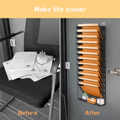PLSOPPKG hanging organizer wall shelf pockets 13-tier wall mount desk organizer, A4 magazine holder wall, hanging wall file documents metal office document organizer for home