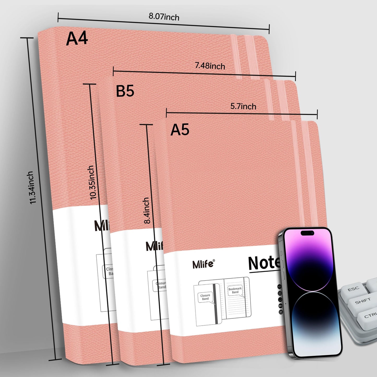 Mlife Notebook A4 Lined, Thick Notebooks with 360 Numbered Pages and 100gsm Inkproof Paper, Hardcover College Pad, Diary with 2 Back Pockets for Office or School Use (Pink)