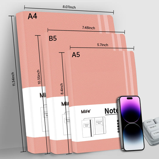 Mlife Notebook A4 Lined, Thick Notebooks with 360 Numbered Pages and 100gsm Inkproof Paper, Hardcover College Pad, Diary with 2 Back Pockets for Office or School Use (Pink)
