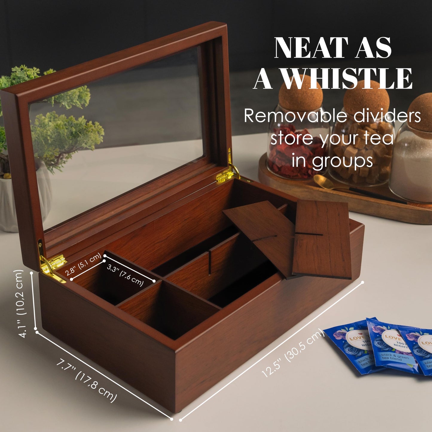 Apace Living Tea Box - Luxurious Wooden Tea Storage Box - 8 compartments for tea bags - Handcrafted box with scratch-resistant window - Elegant tea bag storage box.