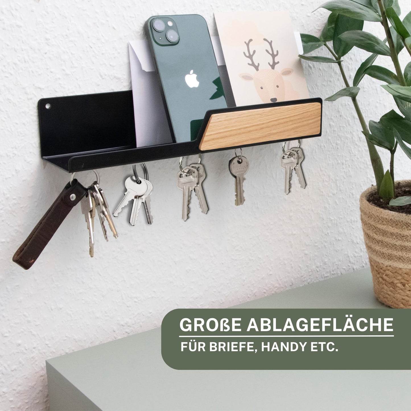 Astrein® | Magnetic key board | Wooden key rack | Oak | Key holder with shelf | Black metal key storage