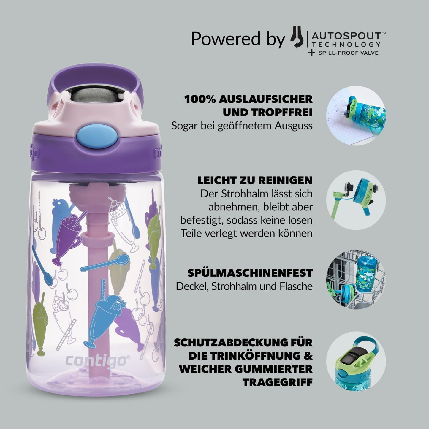 Contigo Kids Water Bottle Easy Clean Autospout with Straw, BPA-free durable bottle, 100% leak-proof, easy to clean, great for daycare, kindergarten, school and sports, 420ml