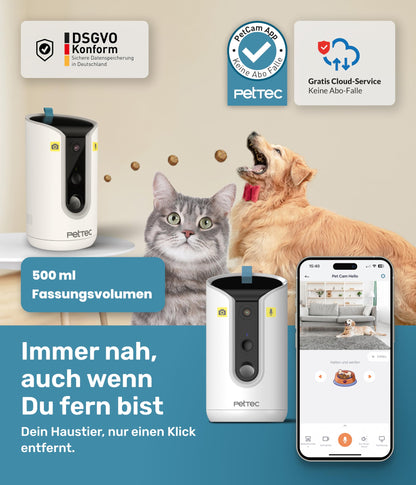PetTec® pet camera 360° and automatic feeder with treat dispenser - via app & multi-button - bark detection - 3MP night vision function - dog camera & cat camera