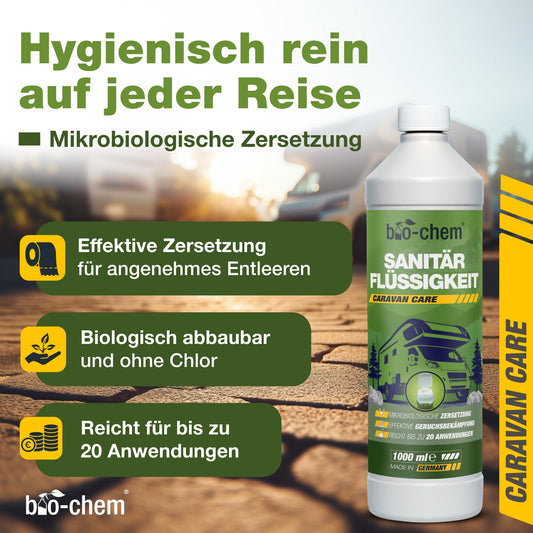 Bio-chem sanitary fluid for camping toilet - 5 L incl. dosing beaker - Highly concentrated microbiological toilet additive - Acts against faeces, paper & odours in the waste tank - Made in DE