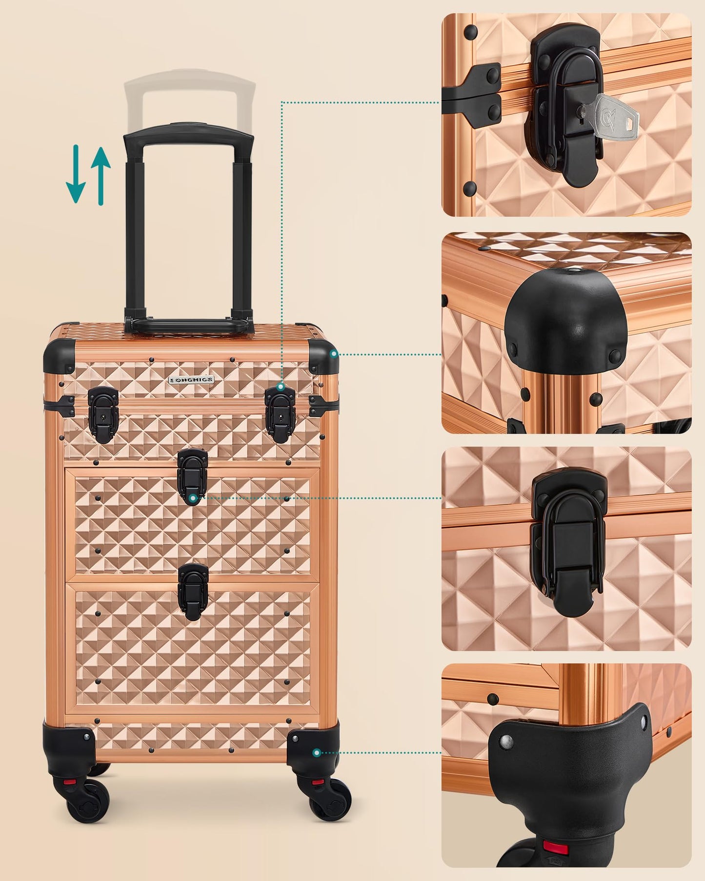 SONGMICS Cosmetic Bag Trolley, Makeup Case with 2 Drawers, Large Hairdresser Case, Makeup Case, 34 x 24 x 56 cm, 360° Rotating Wheels, Travel, Hairdressers, Gift Idea, Champagne Gold JHZ008A01