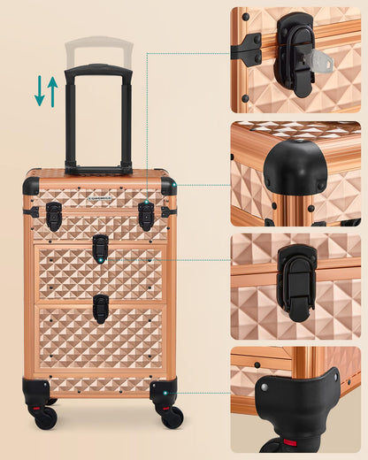 SONGMICS Cosmetic Bag Trolley, Makeup Case with 2 Drawers, Large Hairdresser Case, Makeup Case, 34 x 24 x 56 cm, 360° Rotating Wheels, Travel, Hairdressers, Gift Idea, Champagne Gold JHZ008A01