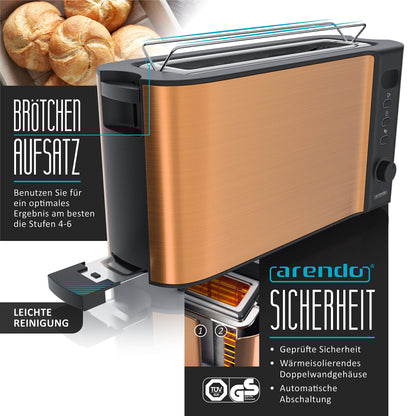 Arendo - Copper-look kettle with toaster SET - Electric kettle max 2200W, limescale filter, 1.7 liters, 2-slice long slot toaster with bun attachment, breakfast set