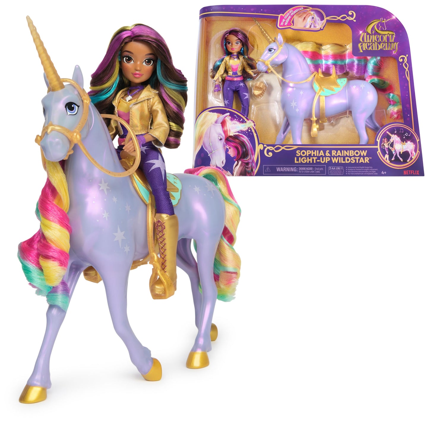 Unicorn Academy Set - Sophia and Light-Magic Wildstar, approx. 28 cm tall unicorn with light effects and music, plus 24 cm tall dress-up doll from the popular Netflix series, for kids ages 4 and up.