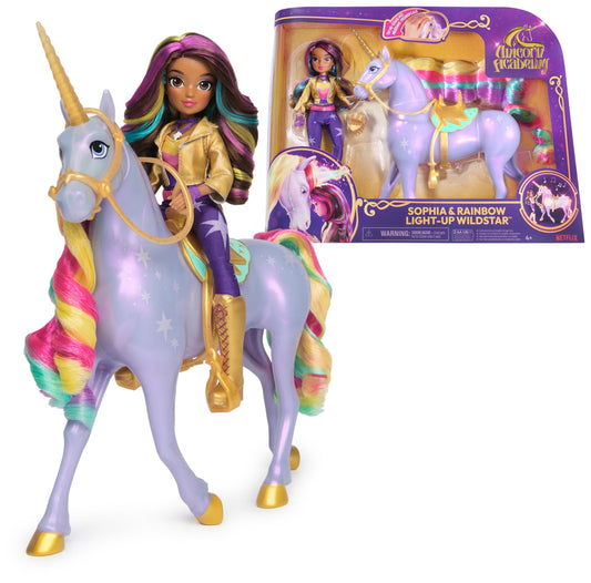 Unicorn Academy Set - Sophia and Light-Magic Wildstar, approx. 28 cm tall unicorn with light effects and music, plus 24 cm tall dress-up doll from the popular Netflix series, for kids ages 4 and up.