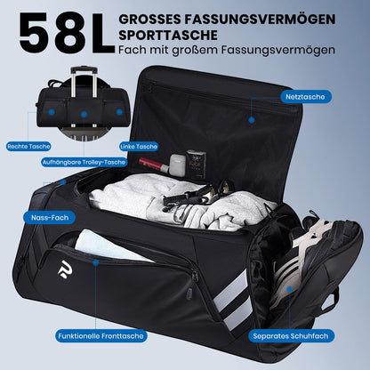 Sports bag for women and men, 58L travel duffel bag with shoe compartment and wet pocket, training bag men sauna bag fitness bag gym bag for fitness, swimming, sports, travel.