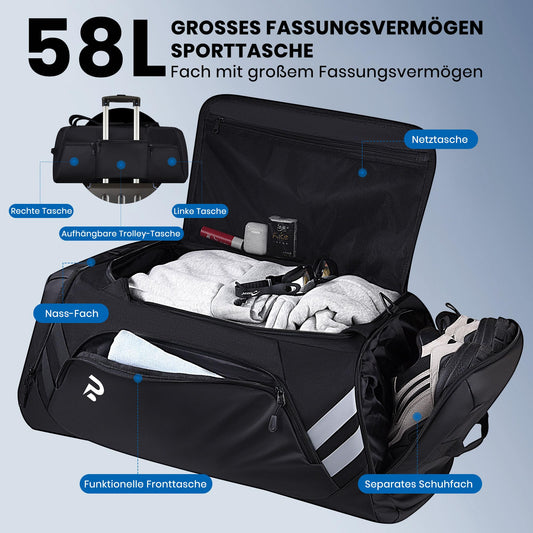 Sports bag for women and men, 58L travel duffel bag with shoe compartment and wet pocket, training bag men sauna bag fitness bag gym bag for fitness, swimming, sports, travel.