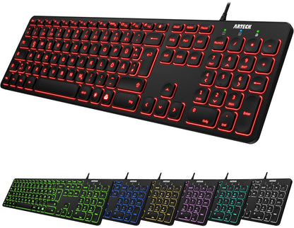 Arteck USB Wired Keyboard Backlight 7 Colors & Adjustable Brightness Full Size Keyboard with 1.8m Long Cable, Numeric Keypad, for Computer Desktop Laptop and Windows 11 10