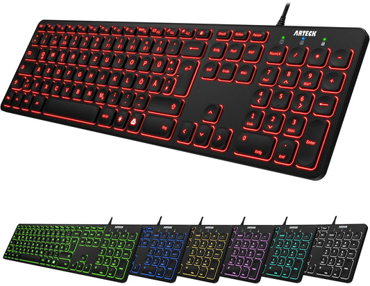 Arteck USB Wired Keyboard Backlight 7 Colors & Adjustable Brightness Full Size Keyboard with 1.8m Long Cable, Numeric Keypad, for Computer Desktop Laptop and Windows 11 10