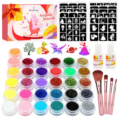 Glitter Tattoo Set for Girls, Eleanore's Diary 31 Biodegradable Glitter, Temporary Tattoo Kit, Kids Glitter Tattoos Set, 165 Stencils, 4 Brushes, 2 Glues, Gift for Girls 3+