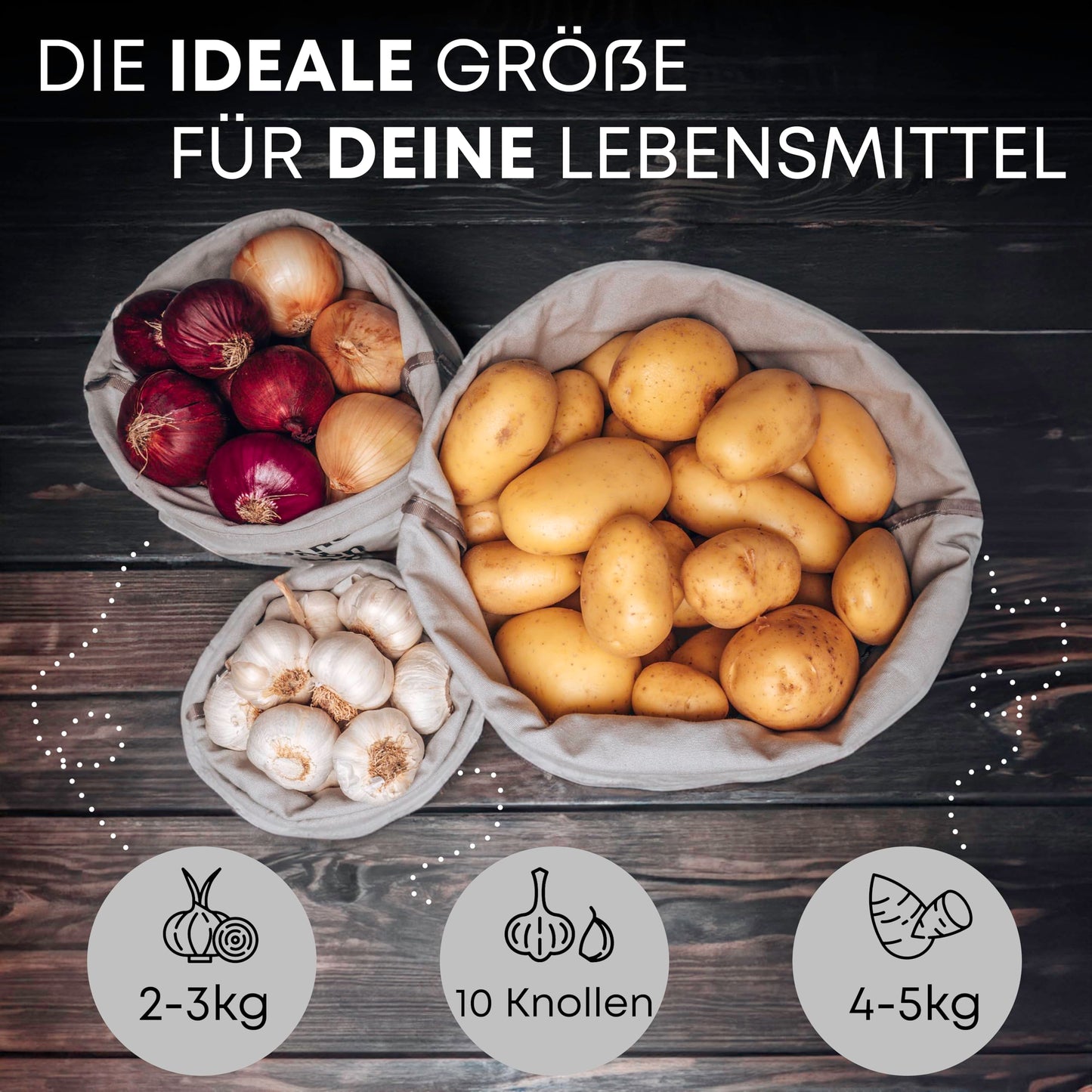 lamounia - Sustainable boho pouches made of vegan leather as a set of three potato storage boxes - fabric containers - vintage basket - onions & garlic pot - unique - white.