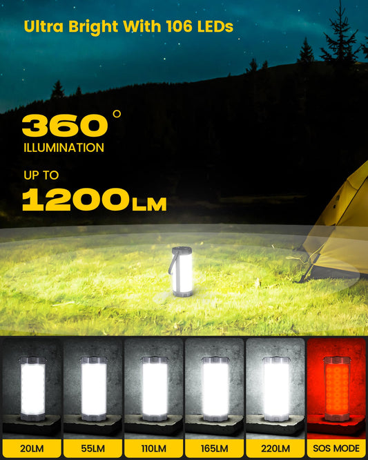 Glocusent Camping Lantern & Tent Light: Compact 1200lm camping light with rubber corner protection & keychain, 5 brightness levels, 3 modes + SOS, IP68 waterproof, 80h runtime, ideal for blackout, hiking.