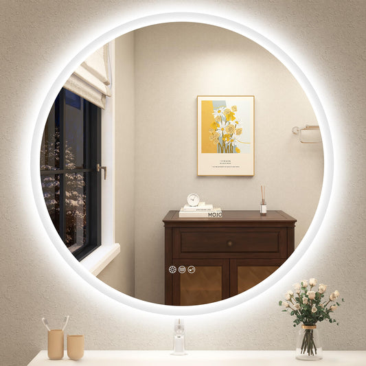 STARLEAD 80cm Round Bathroom Mirror with LED, Bluetooth, Dimmable, 3 Color Temperature, Defogger, Memory Function, HD Tempered Glass, IP44 Waterproof