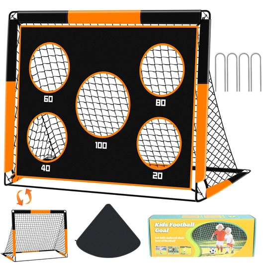 Gofady 2-in-1 Soccer Goal for Kids - Portable & Durable Soccer Goal with 5 Target Areas, Foldable Design, Carrying Bag, Garden, Park, Beach (Orange, 150 * 120 * 120cm)