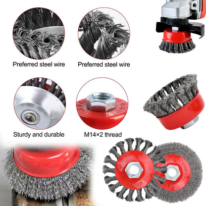 6 Piece Angle Grinder Wire Brush Set, M14 Steel Brush Attachment for Drill, 75/100 mm Wire Brush for Angle Grinder, Cup Brush for Drill, for garden weed and moss.