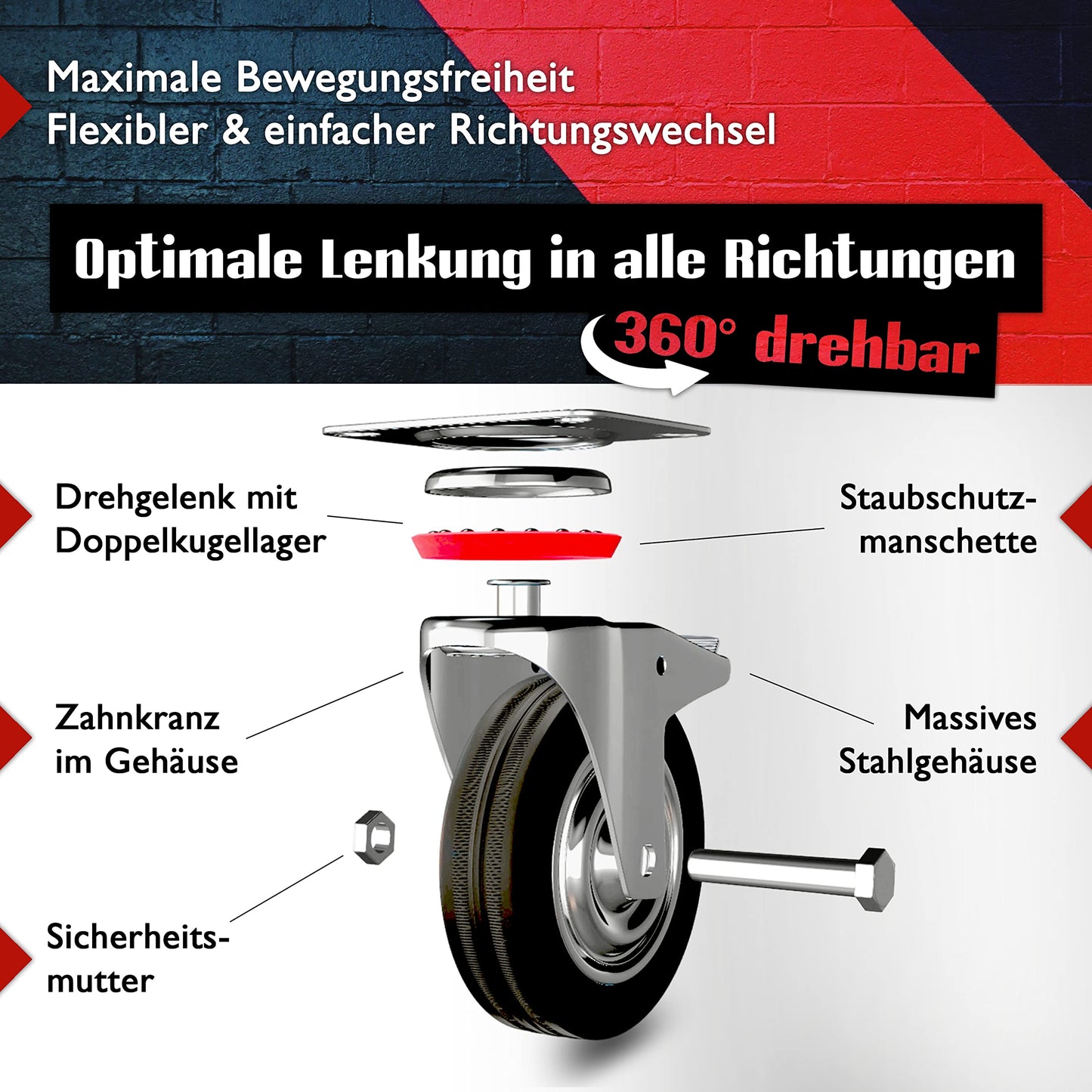 PRIOstahl Heavy Duty Caster Set 4 x 160mm with Brake up to 560kg Load Capacity Solid Rubber Swivel Casters Industrial Wheels for Workshop, Workbench, Tool Cart or Dolly.