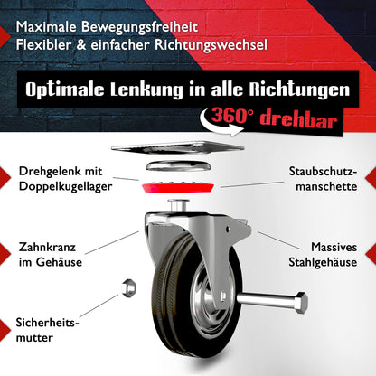 PRIOstahl Heavy Duty Caster Set 4 x 160mm with Brake up to 560kg Load Capacity Solid Rubber Swivel Casters Industrial Wheels for Workshop, Workbench, Tool Cart or Dolly.