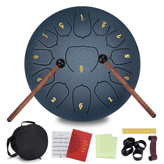JAMITE Tongue Drum 13 Notes 10 Inch, Steel Pan Tones Percussion Hand Drum with Accessories Box, Bag, Fingerpick, Music Book and Mallet for Meditation Yoga Sound Healing.
