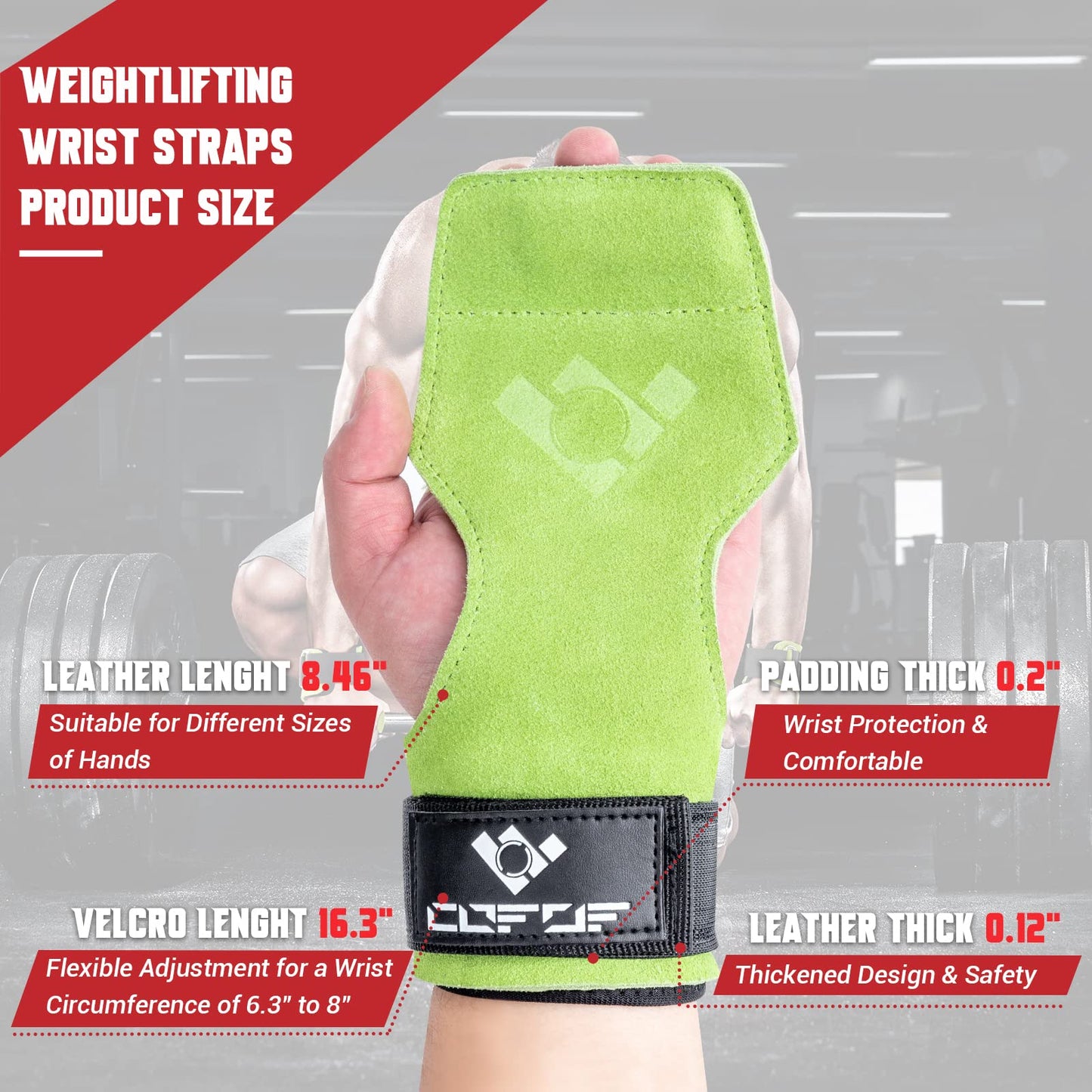 Weightlifting wrist strap, double-layered, leather, suitable for weightlifting, wrist strap for deadlifting and powerlifting, adjustable, with neoprene padding, for gym, workout, lifting (Green)